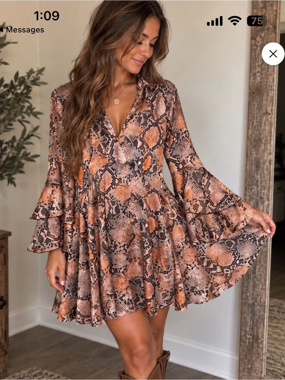 Uncle Frank Brown and Tan Snake-Print Flared Mini Dress